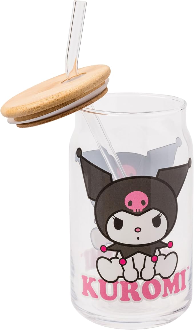 Silver Buffalo Sanrio Hello Kitty and Friends Kuromi 2 Pack Glass Jar Tumbler with Bamboo Lid and Glass Straw, 16 Ounces