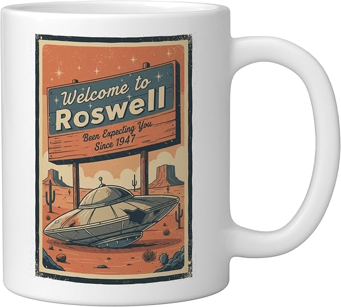 Roswell UFO Retro Tourism Souvenir Flying Saucer Crash Alien Ceramic Mug, White