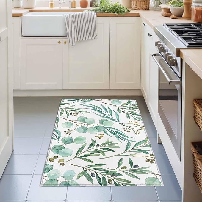 Area Rug 2x3ft, Watercolor Eucalyptus Leaves Washable Rugs for Living Room Bedroom, Spring Green Foliage Branch Soft Non-Slip Area Rugs Rectangle Floor Carpet for Dining Room