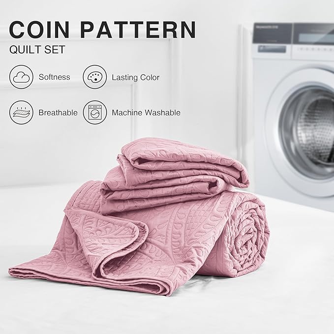 Love's cabin Oversized King Size Quilt Bedding Set Pink Bedspreads - Oversized King Lightweight Bedspread Comforter - Coin Pattern Coverlet for All Season - 3 Pieces (1 Quilt, 2 Pillow Shams)