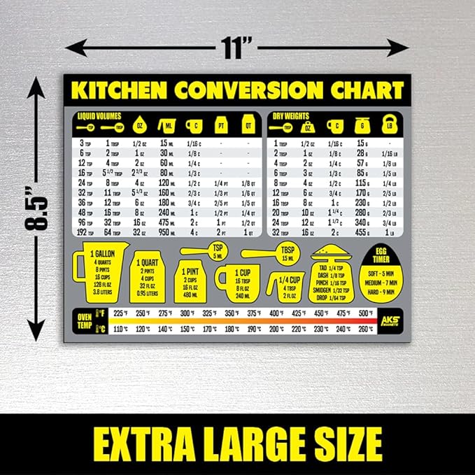 Kitchen Measurement Conversion Chart Magnet - Extra Large Easy to Read Magnetic Kitchen Decor - Weight, Liquid, Temperature Recipe Measuring Tool - Cooking, Cookbook & Baking Accessories Fridge Magnet