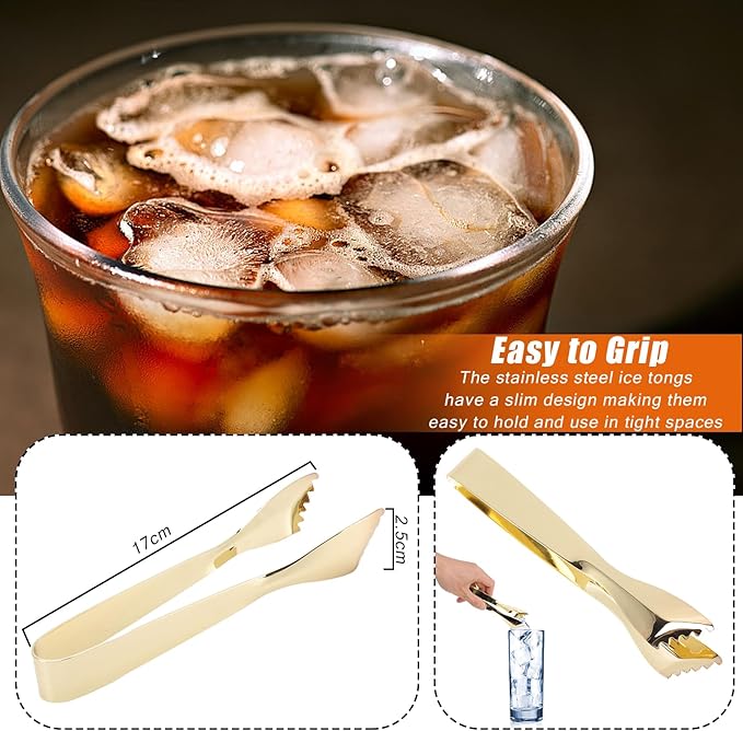 Ice Tongs Food Grade Thicken Stainless Steel Bar Tongs Ice Cube Prevents Slipping Sugar Food Tweezers for Home Kitchen Mirror Party Coffee Bar (Gold Plated)