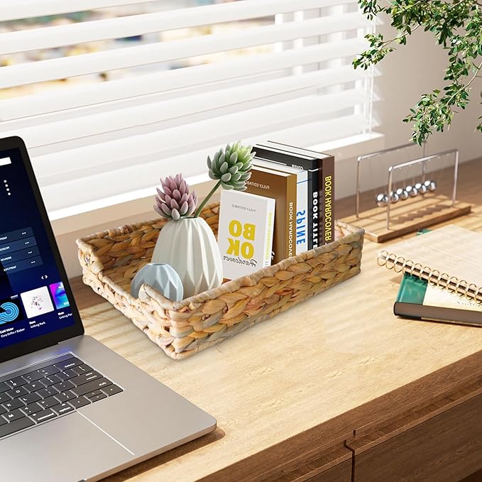 2 Pcs A4 File Tray, Natural Water Hyacinth Desk Basket, Wicker Paper Tray File Basket for Desk Organizer, Woven Letter Size Documents Trays for Office,Toilet Tank Organizer