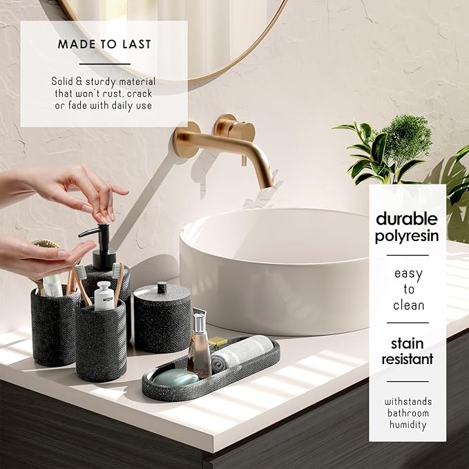 Clara Clark Coal Black Bathroom Set - Bathroom Sets with Shower Curtain and Rugs, 26PC Bathroom Accessory Set, Shower Curtain Set with Adhesive Corner Shower Caddy Hanging & Soap Dispenser