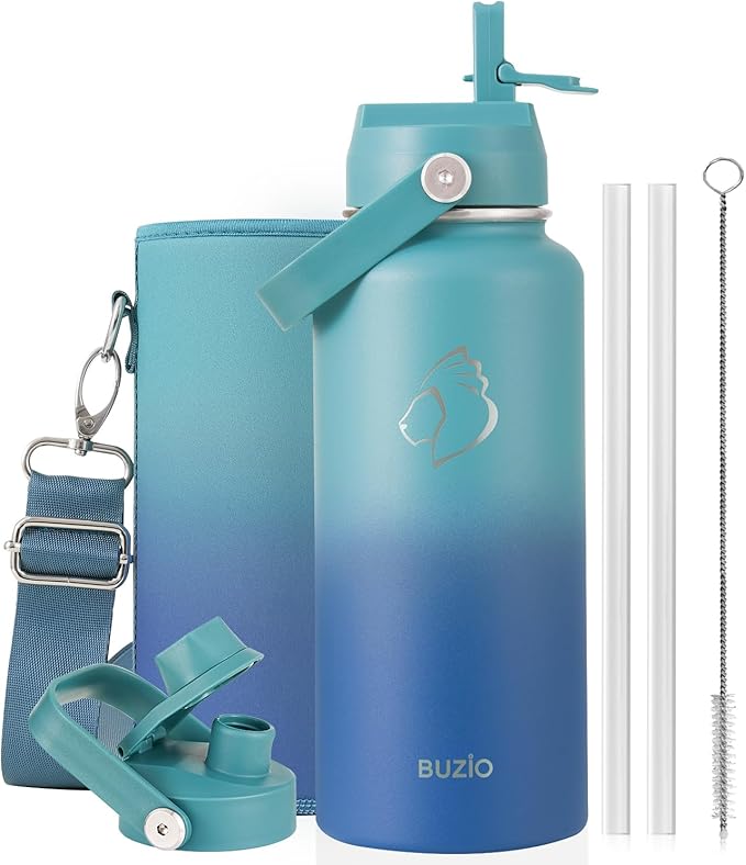 BUZIO 32 oz Water Bottle Insulated, Leakproof Stainless Steel Flask (Cold for 48 Hrs), Wide Mouth BPA-Free Metal Thermo Hydro Canteen with 2 Lids, Gradient Cyan