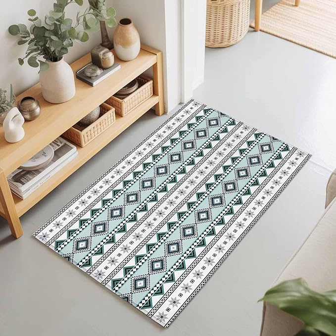 Area Rug 2x3ft, Boho Diamond Pattern Washable Rugs for Living Room Bedroom, Ethnic Style Blue Strips Soft Non-Slip Area Rugs Rectangle Floor Carpet for Dining Room