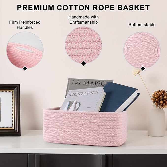 OIASKET 4 Pack Small Storage Shelf Baskets for Organizing, Mini Woven Rope Storage Bins for Towels, Cute Decorative Closet Organizer，Baby Nursery, Gift Empty Baskets -11.81''Lx7.87''Wx4.72''H-Pink