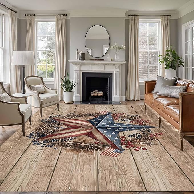 Area Rug 8x10ft, Independence Day USA Flag Star Washable Rugs for Living Room Bedroom, Farm Wood Background Soft Non-Slip Area Rugs Rectangle Floor Carpet for Dining Room