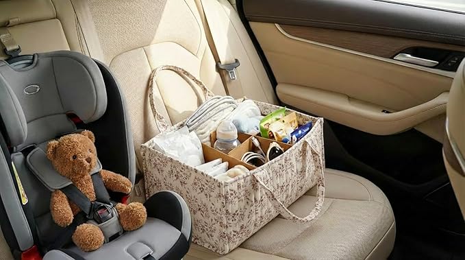 Quilted Fabric Storage Basket Floral Baby Diaper Caddy Quilted Basket Organizer for Newborn Nursery Bedroom Car Storage