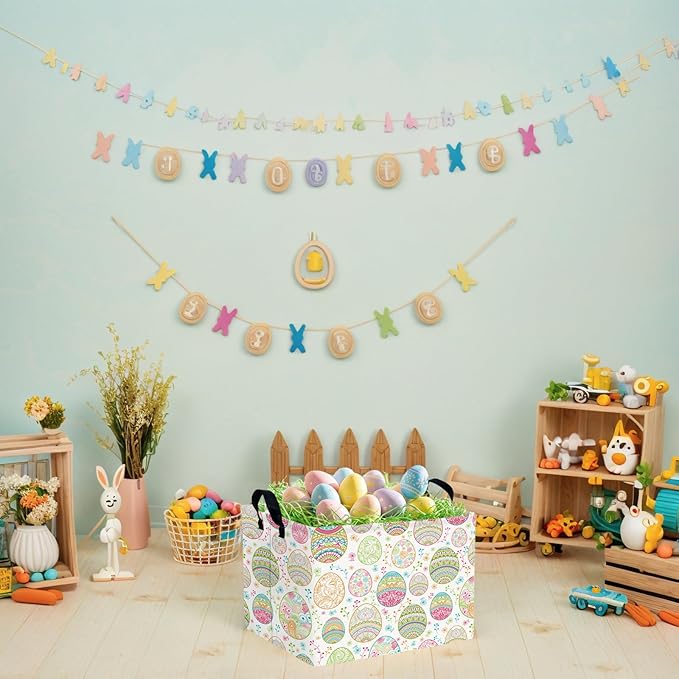 Kid Large Empty Easter Basket Gift Personalized Fabric Bunny Easter Basket for Boy and Girl Room Decor Storage Bin (Retro Easter Egg Flower)