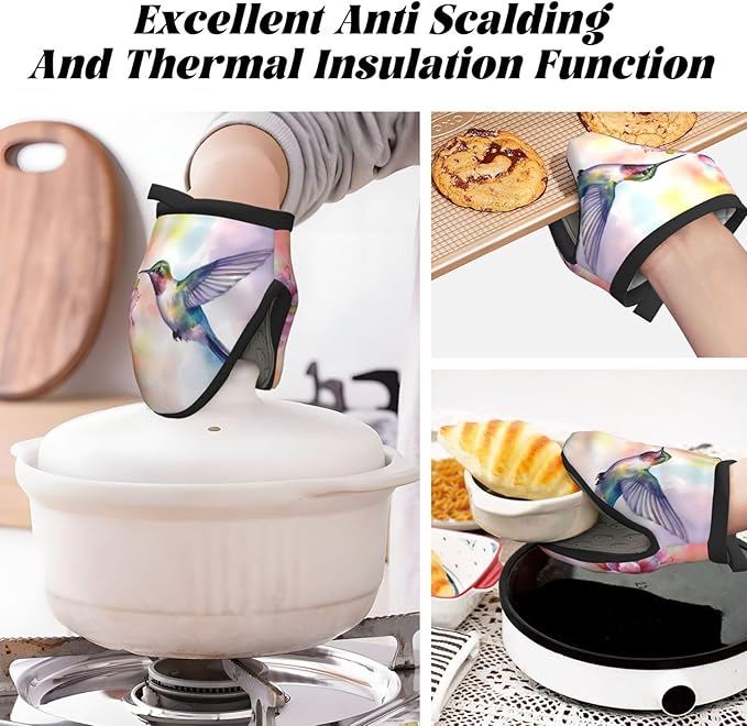 1 Pcs Mini Silicone Oven Mitts Cute Hummingbirds Heat Resistant Grill Gloves with Hanging Loop, Spring Pink Floral Short Kitchen Mittens for Cooking Baking BBQ