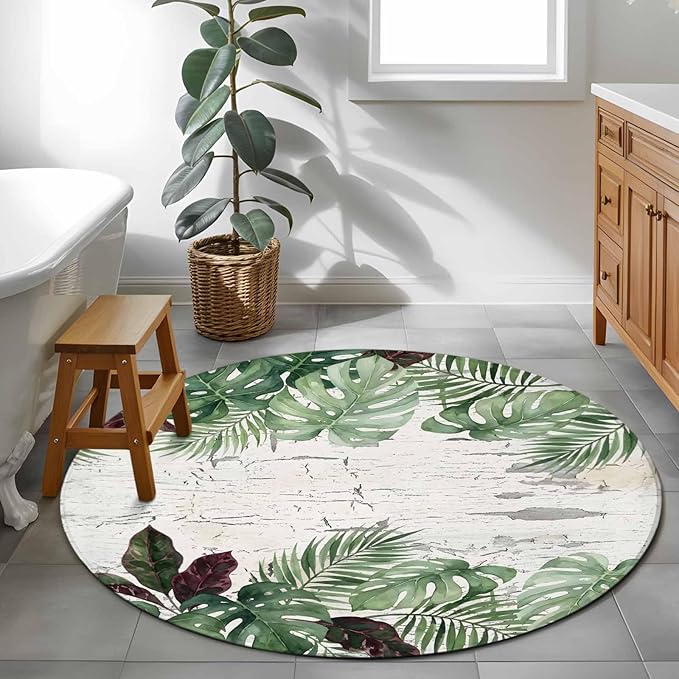 Washable Round Area Rug Summer Green Monstera Palm Leaves Circle Rugs Floor Carpet for Living Room Bedroom, Vintage Botantical Soft Non Slip Round Rug 3ft
