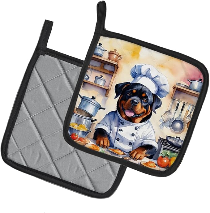 Caroline's Treasures Rottweiler The Chef Pair of Pot Holders Kitchen Heat Resistant Pot Holders Sets Oven Hot Pads for Cooking Baking BBQ, 7 1/2 x 7 1/2