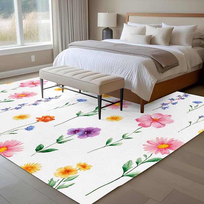 Area Rug 8x10ft, Watercolor Farmhouse Flower Washable Rugs for Living Room Bedroom, Yellow Pink Purple Blue Floral Soft Non-Slip Area Rugs Rectangle Floor Carpet for Dining Room