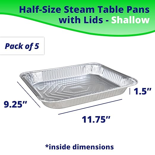 IDL Packaging Half-Size Aluminum Steam Table Pans with Lids - Shallow, 13" x 11" x 1.5" (Pack of 5) - Disposable Foil Pan for Grilling, Roasting, BBQ, Cooking, Baking, Freezing
