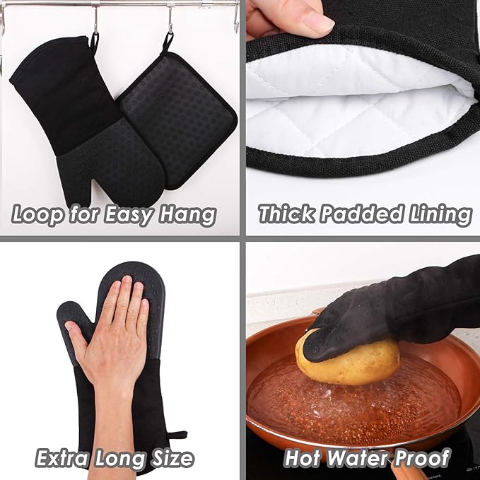 Webake Oven Mitts and Pot Holders Set of 4, 2 pcs Long Silicone Baking Oven Gloves and 2 pcs Silicone Hot Pads with Pocket for Oven Baking
