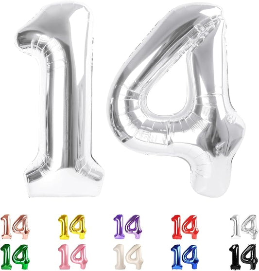14 Balloon Numbers, Happy 14th Birthday Decorations for Girls Boys, 40 In 41st Silver Balloons for Engagement, Wedding, Celebration Party, Graduations, Photo Shoot