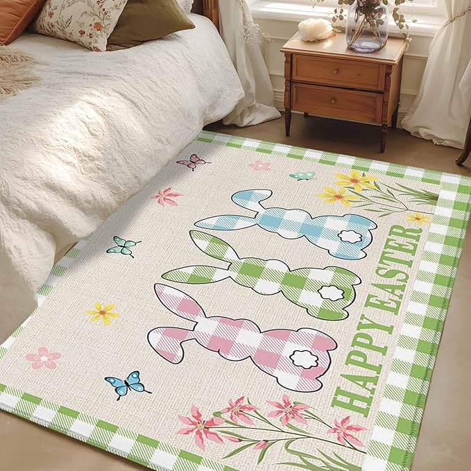 Area Rug 4x6ft, Happy Easter Bunny Shadow Flowers Washable Rugs for Living Room Bedroom, Retro Linen Cotton and Grid Soft Non-Slip Area Rugs Rectangle Floor Carpet for Dining Room