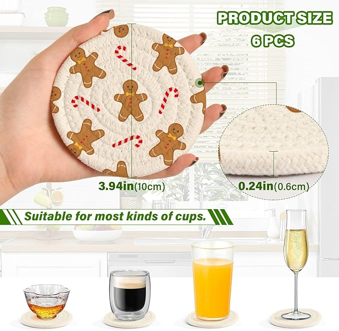 YETTASBIN Christmas Gingerbread Man 6 Pcs Drink Coasters with Holder, Cotton Woven Absorbent Heat-Resistant Round Coaster Set Tabletop Protector for Kitchen Bar Home Decor Housewarming Gift, 3.9 in