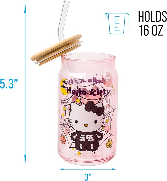 Silver Buffalo Sanrio Hello Kitty Halloween Spooky Skeleton Costume Pink Lavender Glass Jar Tumbler with Bamboo Lid and Glass Straw, 16 Ounces