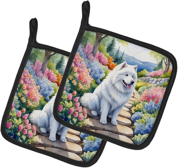Caroline's Treasures Samoyed Spring Path Pair of Pot Holders Kitchen Heat Resistant Pot Holders Sets Oven Hot Pads for Cooking Baking BBQ, 7 1/2 x 7 1/2