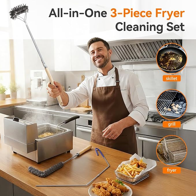Fryer Cleaning Tools, 3 PCS Stainless Steel Deep Fryer Cleaning Tools, with Deep Fryer L-Shaped Brush, Long Handle Basket Brush and Fryer Cleanout Rod for Restaurants (Stainless Steel, Sliver)