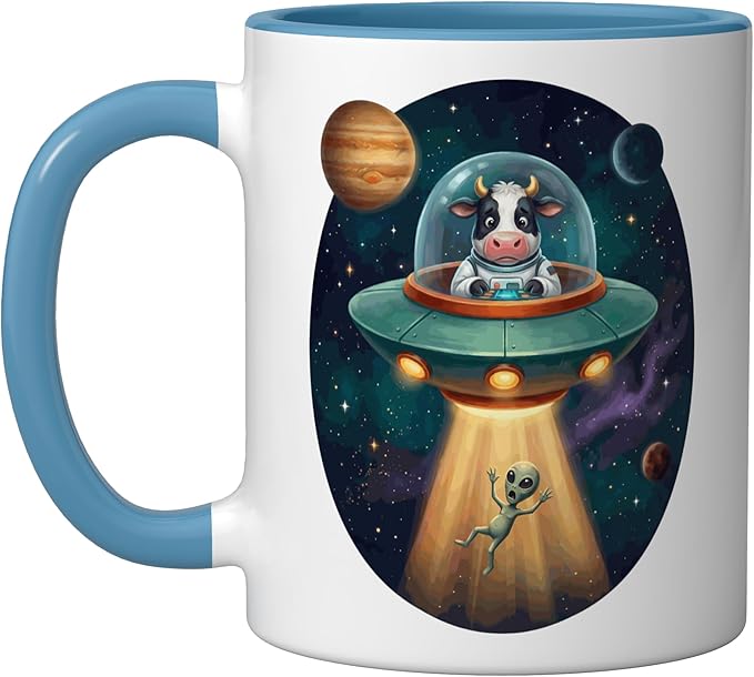 Fuuny Cow Astronaut UFO Abducting Alien Space Farm Ceramic Mug, Blue/White