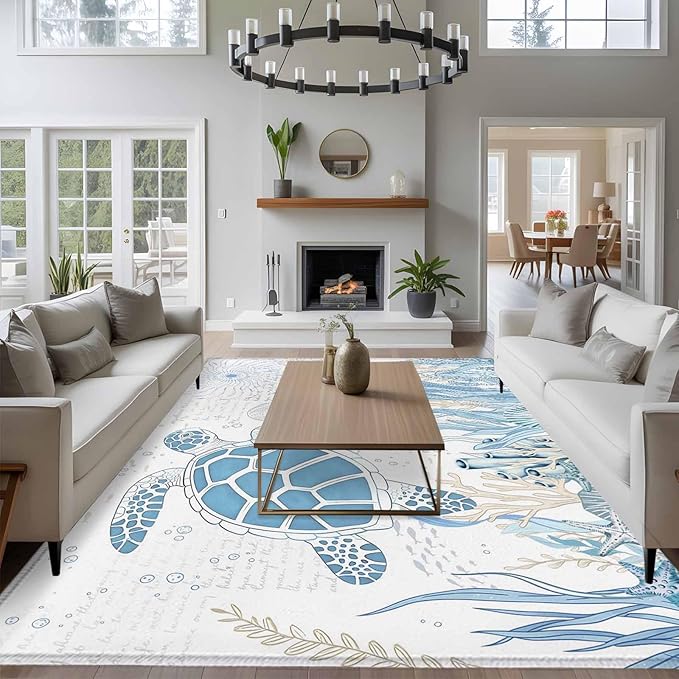 Area Rug 6x9ft, Blue Sea Turtles Stars Corals Washable Rugs for Living Room Bedroom, Vintage Marine Life Soft Non-Slip Area Rugs Rectangle Floor Carpet for Dining Room