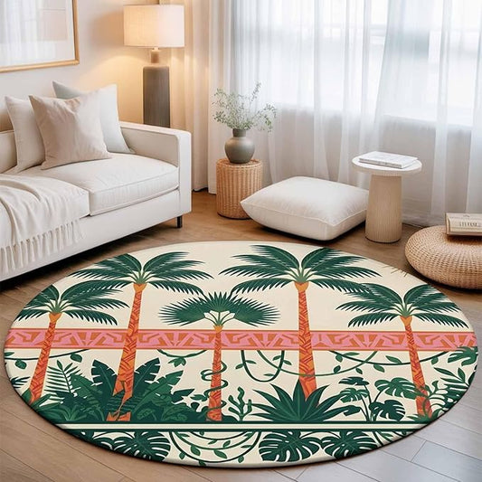 Washable Round Area Rug Vintage Sage Green Tall Palm Trees Circle Rugs Floor Carpet for Living Room Bedroom, Summer Tropical Plants Soft Non Slip Round Rug 3ft