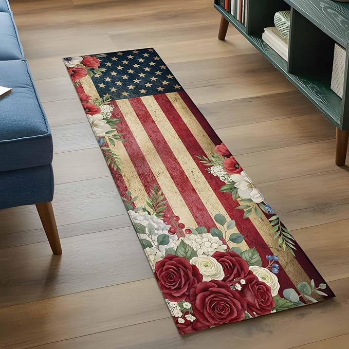Runner Rug for Bedroom Hallway, Independence Day 250th Anniversary Kitchen Runner Rugs Area Rug 2x6ft, Vintage USA Flag Floral Washable Soft Floor Carpet for Entryway Stair