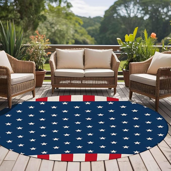 Washable Round Area Rug American Independence Day Circle Rugs Floor Carpet for Living Room Bedroom, USA Stars on Blue Red White Border Soft Non Slip Round Rug 5ft