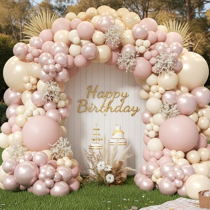 Boho Dusty Pink Balloon Arch Garland Kit 153pcs, Double Stuffed White Pearl Balloon Blush Neutral Pink Balloons Arch Kit for Birthday Wedding Bridal Baby Shower Gender Reveal Party Decoration