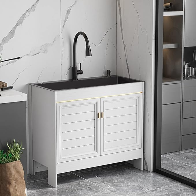 Indoor Utility Kitchen Sink With Cabinet,Commercial Garage Stainless Steel Sink,Industrial Sink With Faucet,Freestanding Laundry Utility Sink,Pet Wash Station,1 Compartment. ( Color : White+Square , S
