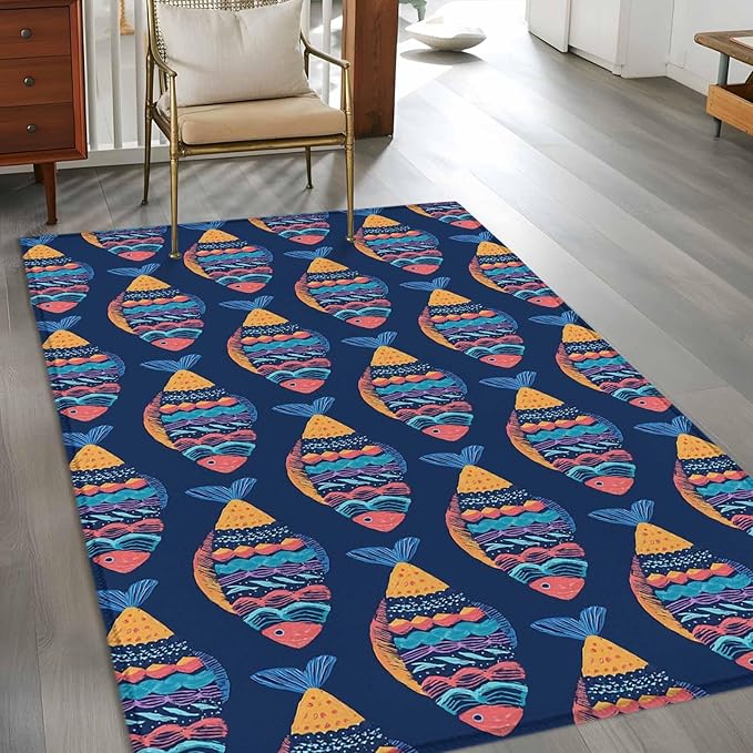 Area Rug 3x5ft, Ethnic Style Ocean Fish Washable Rugs for Living Room Bedroom, Watercolor Marine Life on Navy Blue Soft Non-Slip Area Rugs Rectangle Floor Carpet for Dining Room