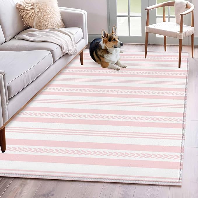 Area Rug 4x6ft, Abstract Leaf Geometric Line Washable Rugs for Living Room Bedroom, Modern Pink Stripe Theme Soft Non-Slip Area Rugs Rectangle Floor Carpet for Dining Room