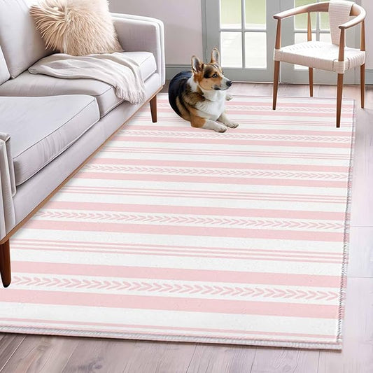 Area Rug 4x6ft, Abstract Leaf Geometric Line Washable Rugs for Living Room Bedroom, Modern Pink Stripe Theme Soft Non-Slip Area Rugs Rectangle Floor Carpet for Dining Room