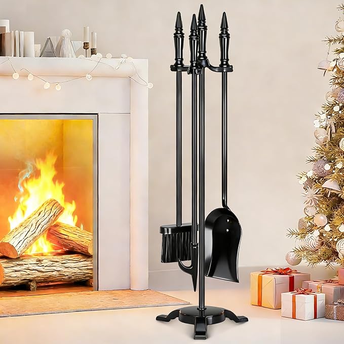 FEED GARDEN 4-Piece Fireplace Tool Set - 31” Wrought Iron Fire Tools with Poker, Shovel, Brush & Stand - Indoor/Outdoor