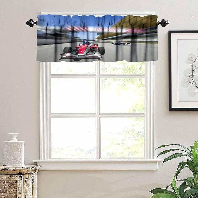 Racing Car Valance Curtain Extreme Sports Car Race Track Finish Line Pattern Rod Pocket Valance Window Treatments Short Curtains for Kitchen Bathroom Farmhouse Living Room 54x18inch