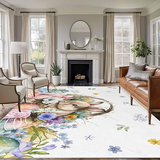 Area Rug 6x9ft, Easter Egg Spring Flower Cute Rabbit Washable Rugs for Living Room Bedroom, Blossom Floral on White Soft Non-Slip Area Rugs Rectangle Floor Carpet for Dining Room