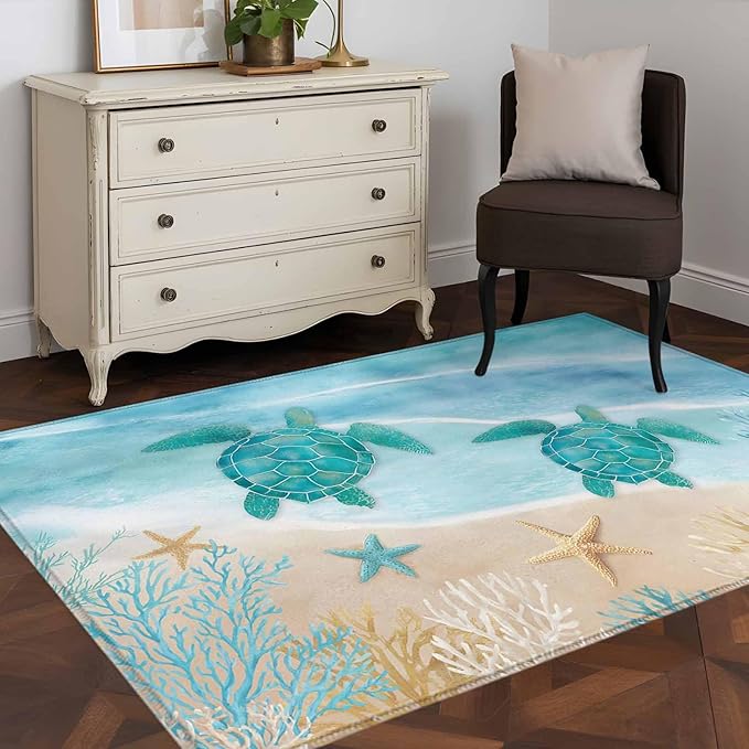 Area Rug 3x5ft, Sea Turtle Starfish Coral Washable Rugs for Living Room Bedroom, Summer Seaside Ocean Life Soft Non-Slip Area Rugs Rectangle Floor Carpet for Dining Room
