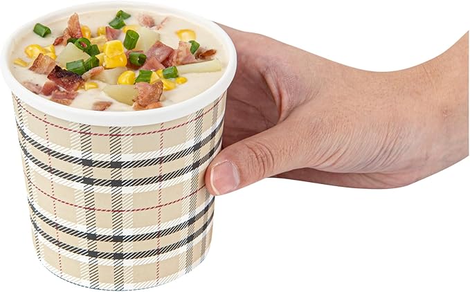 Restaurantware Bio Tek 12 Ounce Soup Containers 200 Durable Soup Bowls - Disposable Sustainable Plaid Print Paper Soup Cups Round For Hot Or Cold Foods