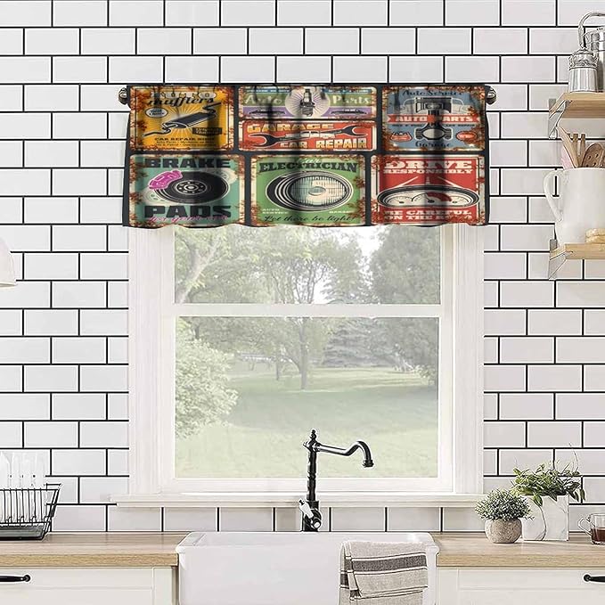 Vintage Style Valance Curtain Garage Or Car Repair Service Rusty Metal Flag. Vehicle Mechanics Workshop, Short Curtains Valances for Kitchen Living Room Decor with Rod Pocket, 1 Panel 54X18 Inches
