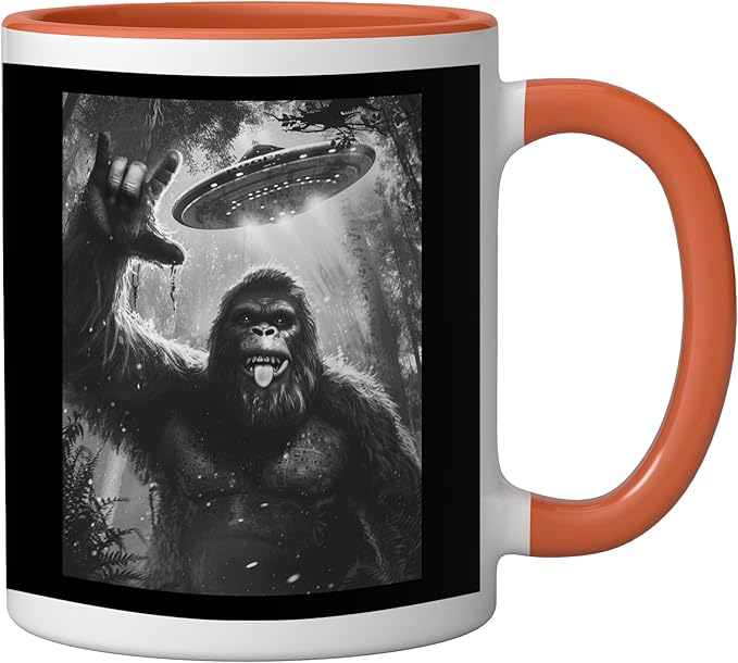 Funny Sasquatch Bigfoot Rock On Selfie with UFO Alien Saucer Ceramic Mug, Orange/White