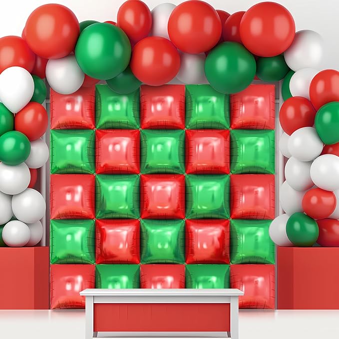 Red Green Square Foil Balloon Wall,25Pcs Double Sided Balloon Backdrop Helium Balloons Tunnel Arch Garland Kit for Christmas Birthday Anniversary Party Decorations
