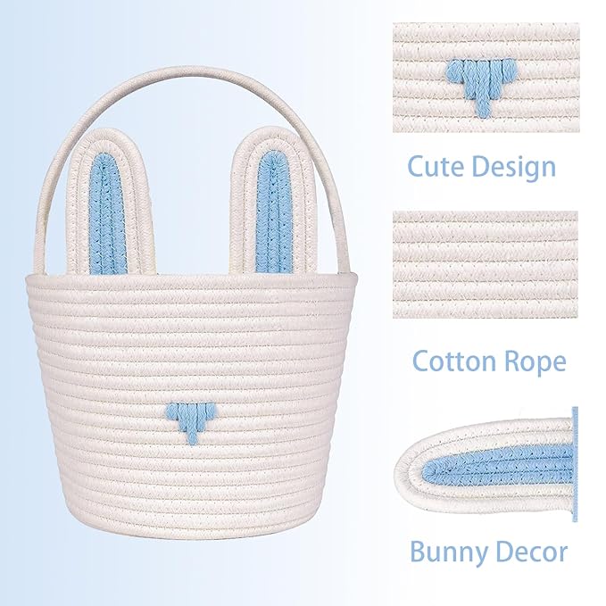 Poschnor Large Easter Basket with Gift Bags and Ribbons, Easter Bunny Basket for Kids, Woven Cotton Rope Basket for gifting, Blue/White