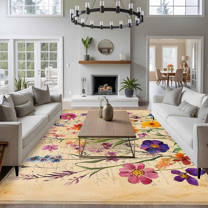 Area Rug 6x9ft, Farmhouse Colorful Small Flower Washable Rugs for Living Room Bedroom, Retro Backdrop Seamless Soft Non-Slip Area Rugs Rectangle Floor Carpet for Dining Room