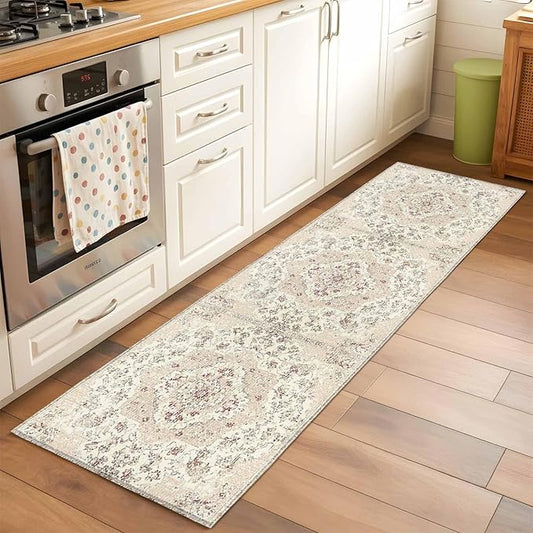 Beige Boho 2x6 Kitchen Runner Rug, Vintage Ethnic Floral Non-Skid Rubber Backing Large Rectangle Rugs - Living Room Bedroom Home Office, Abstract Art Geometric Indoor Floor Mat Carpets Washable Rug