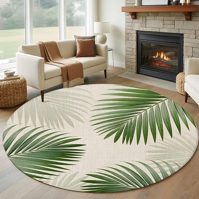 Washable Round Area Rug Rustic Sage Green Palm Leaves on Linen Circle Rugs Floor Carpet for Living Room Bedroom, Summer Plants Soft Non Slip Round Rug 5ft