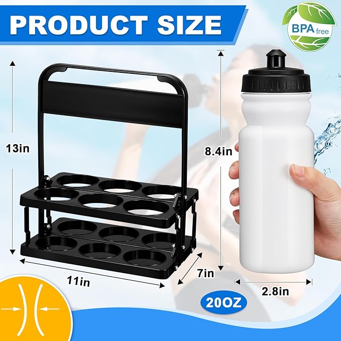 Suclain Water Bottle Carrier with 20 Oz Bottles and Stickers Plastic Wide Mouth Sports Water Bottle Squeeze Team Bottles with Black Lid for Fitness Bike Gym(7 Pcs,White)
