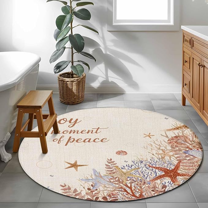 Washable Round Area Rug Orange Marine Starfish Coral Seaweed Circle Rugs Floor Carpet for Living Room Bedroom, Peace Quote on Linen Soft Non Slip Round Rug 3ft